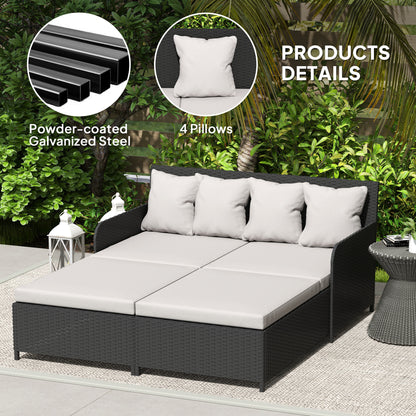Outsunny Outdoor Rattan Sun Lounger Loveseat with Soft Cushions, 4 Pillows, Curved Backrest and Armrests, Light Grey