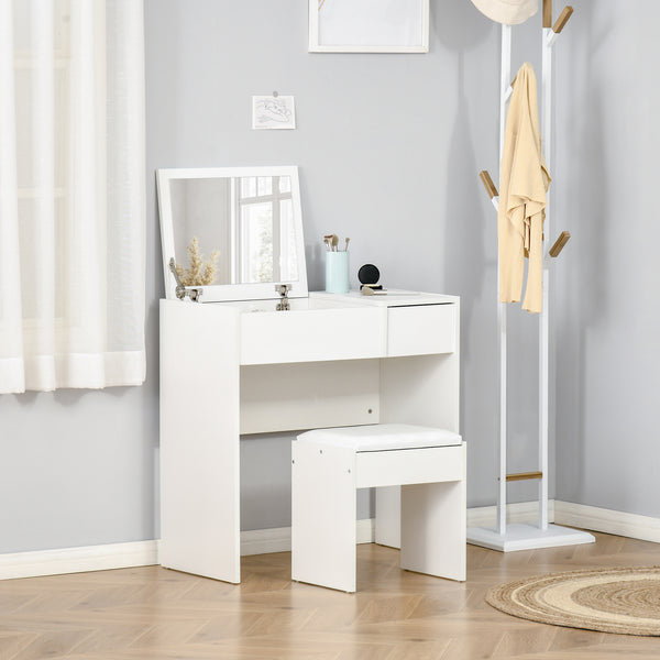 Coiffeuse moderne avec miroir rabattable et tabouret rembourré, blanc
