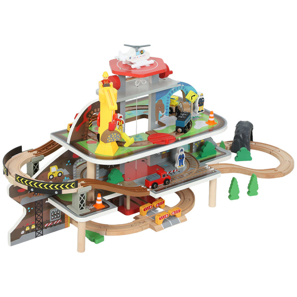 79-piece wooden mine-themed train set with crane, helicopter, tracks and accessories, for boys and girls aged 3 and up