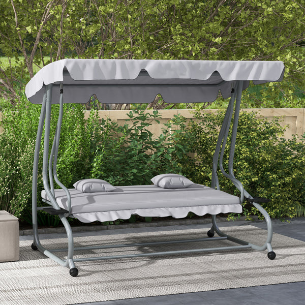 Outdoor 3-Seater Patio Swing Chair, Outdoor Swing Seat, with Adjustable Canopy and Two Pillows for Garden, Light Grey