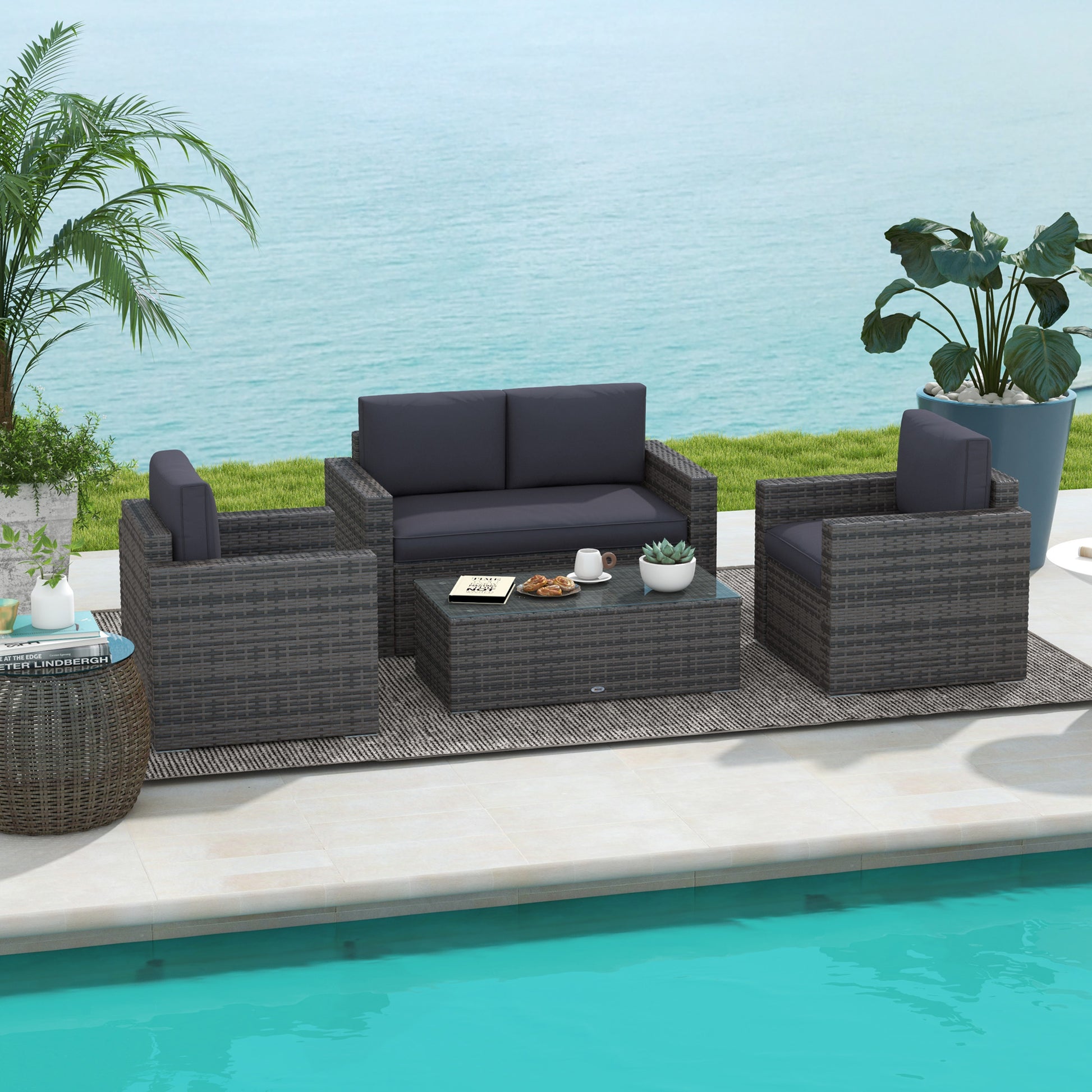 Ensemble de mobilier de jardin Outsunny en osier gris comprenant une table, une causeuse et deux chaises, parfait pour terrasse ou balcon