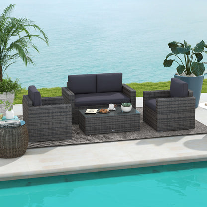 Ensemble de mobilier de jardin Outsunny en osier gris comprenant une table, une causeuse et deux chaises, parfait pour terrasse ou balcon