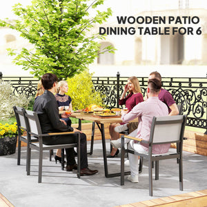 Table à manger d'extérieur en bois pour 6 personnes avec trou pour parasol, plateau à lattes, structure en métal