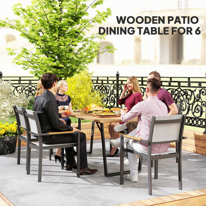 Table à manger d'extérieur en bois pour 6 personnes avec trou pour parasol, plateau à lattes, structure en métal
