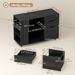 Filing Cabinet with Power Outlets Lockable Casters File Drawer Side Cubbies Black Wood Grain
