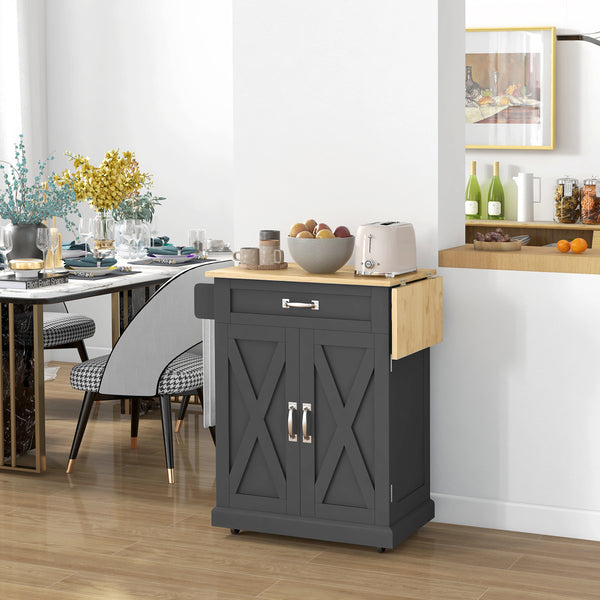 Îlot de cuisine pliable avec tiroir de rangement, chariot utilitaire à roulettes de style campagnard avec plateau en bois à abattant, noir