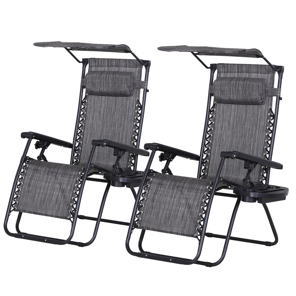 Lot de 2 chaises d'extérieur zéro gravité avec plateau latéral et porte-gobelet, chaise longue inclinable avec assise en tissu maillé respirant, oreiller, gris foncé