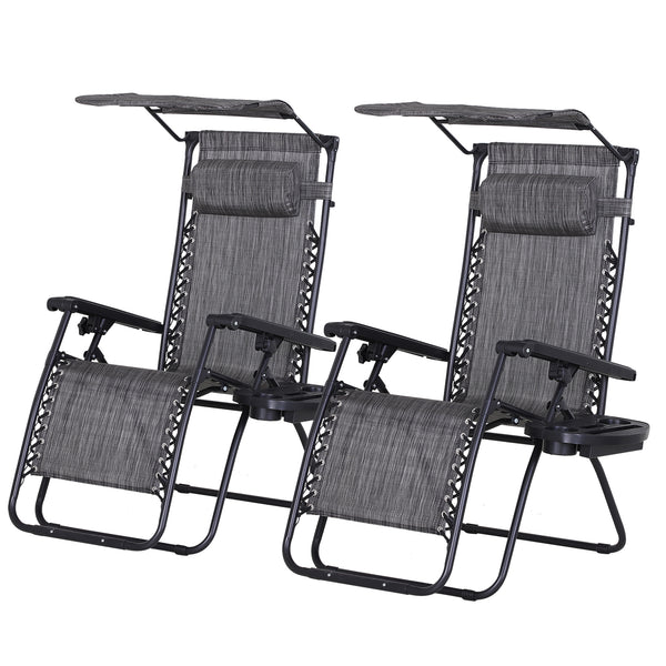 Lot de 2 chaises d'extérieur zéro gravité avec plateau latéral et porte-gobelet, chaise longue inclinable avec assise en tissu maillé respirant, oreiller, gris foncé