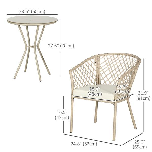 Ensemble bistro d'extérieur 3 pièces en rotin PE avec coussins d'assise et table en verre, beige