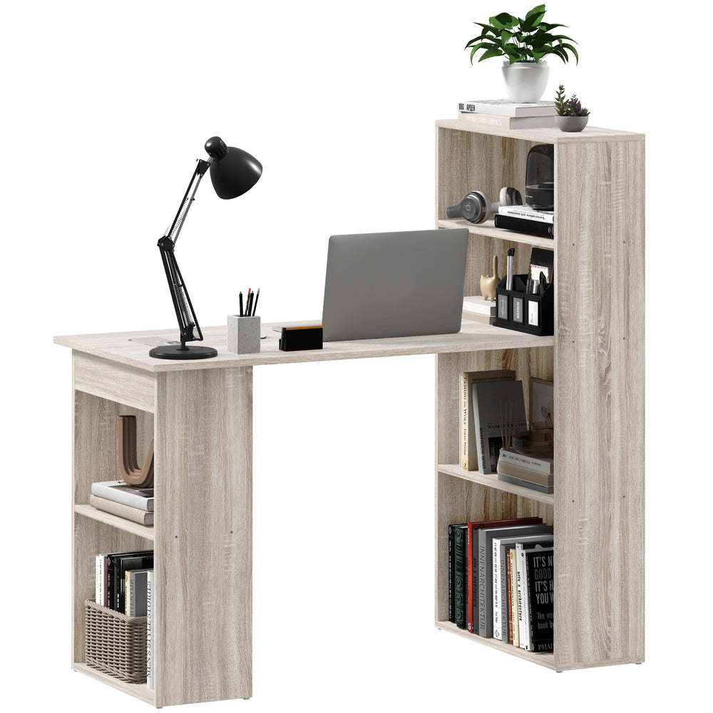 Bureau d'ordinateur avec rangement et étagère pour bureau à domicile, salle d'étude, chêne