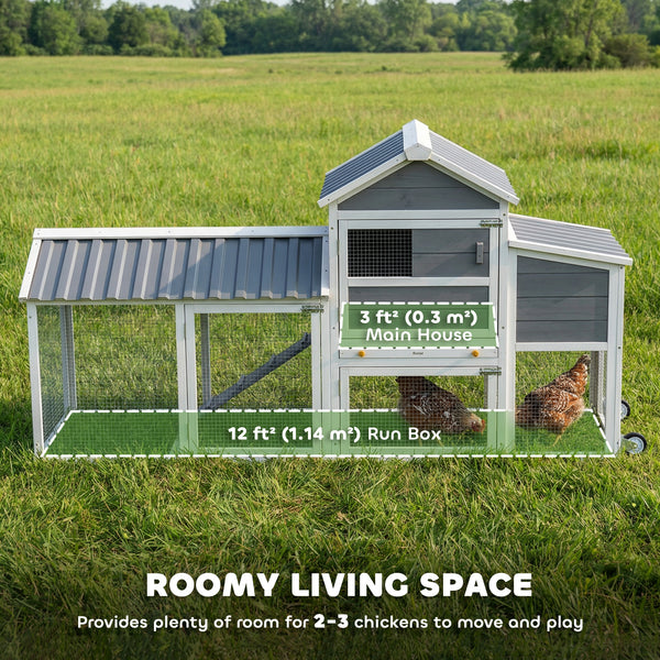 Mobile chicken coop on wheels with wooden run, nesting box, tray and access ramp