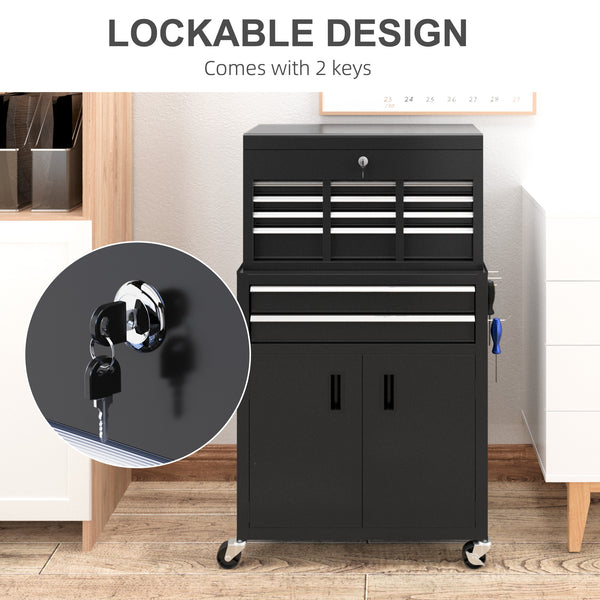 2-in-1 lockable 6-drawer rolling tool chest with hooks, black