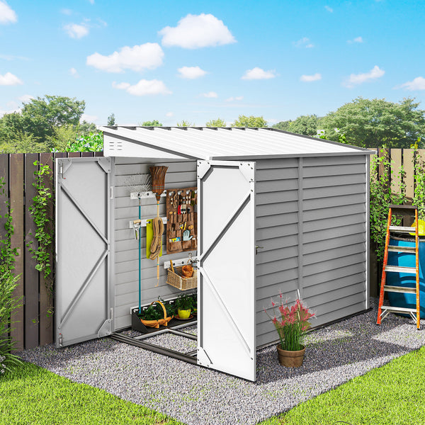 Lean-to steel garden shed with foundation kit, lockable doors and 2 vents, white