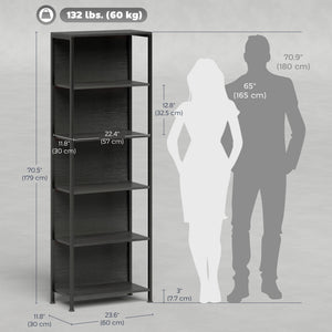 Bibliothèque à 5 niveaux avec éclairage LED et structure métallique, noire.