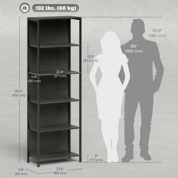 Bibliothèque à 5 niveaux avec éclairage LED et structure métallique, noire.