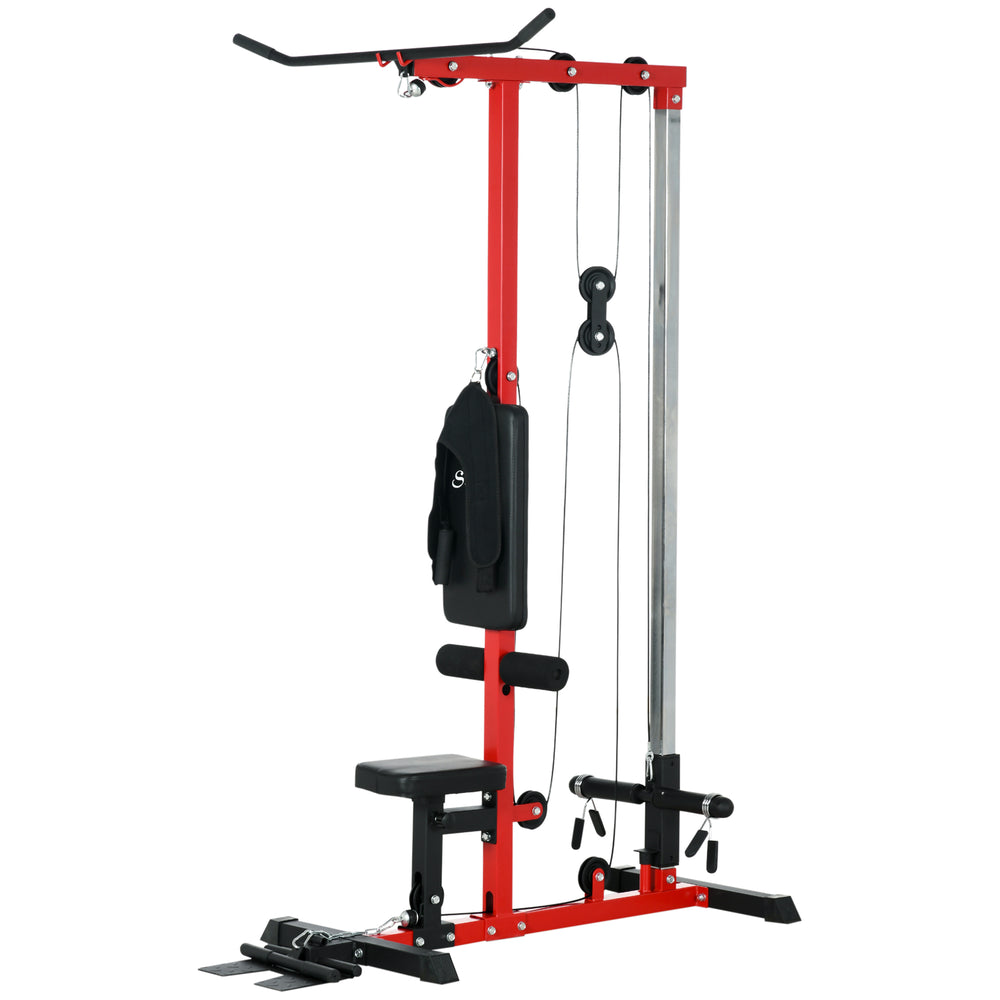 Machine à tirage vertical avec siège réglable et repose-pieds relevable, rouge