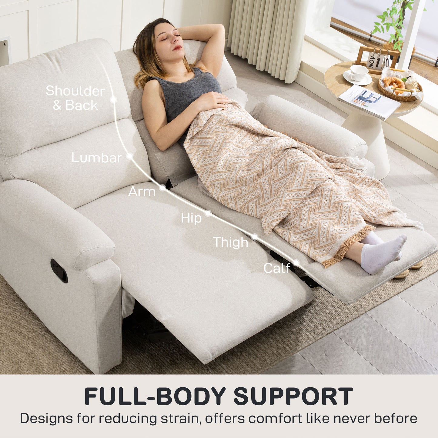 Fauteuil inclinable 2 places avec repose-pieds et dossier divisé, blanc crème