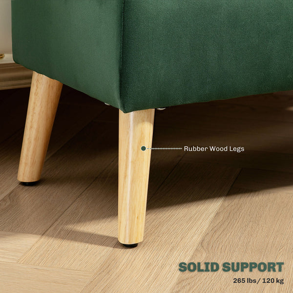Pouf de rangement avec couvercle rembourré en velours et pieds en bois, vert foncé