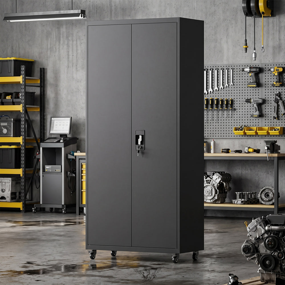 71-inch Rolling Reinforced Garage Cabinet, Black
