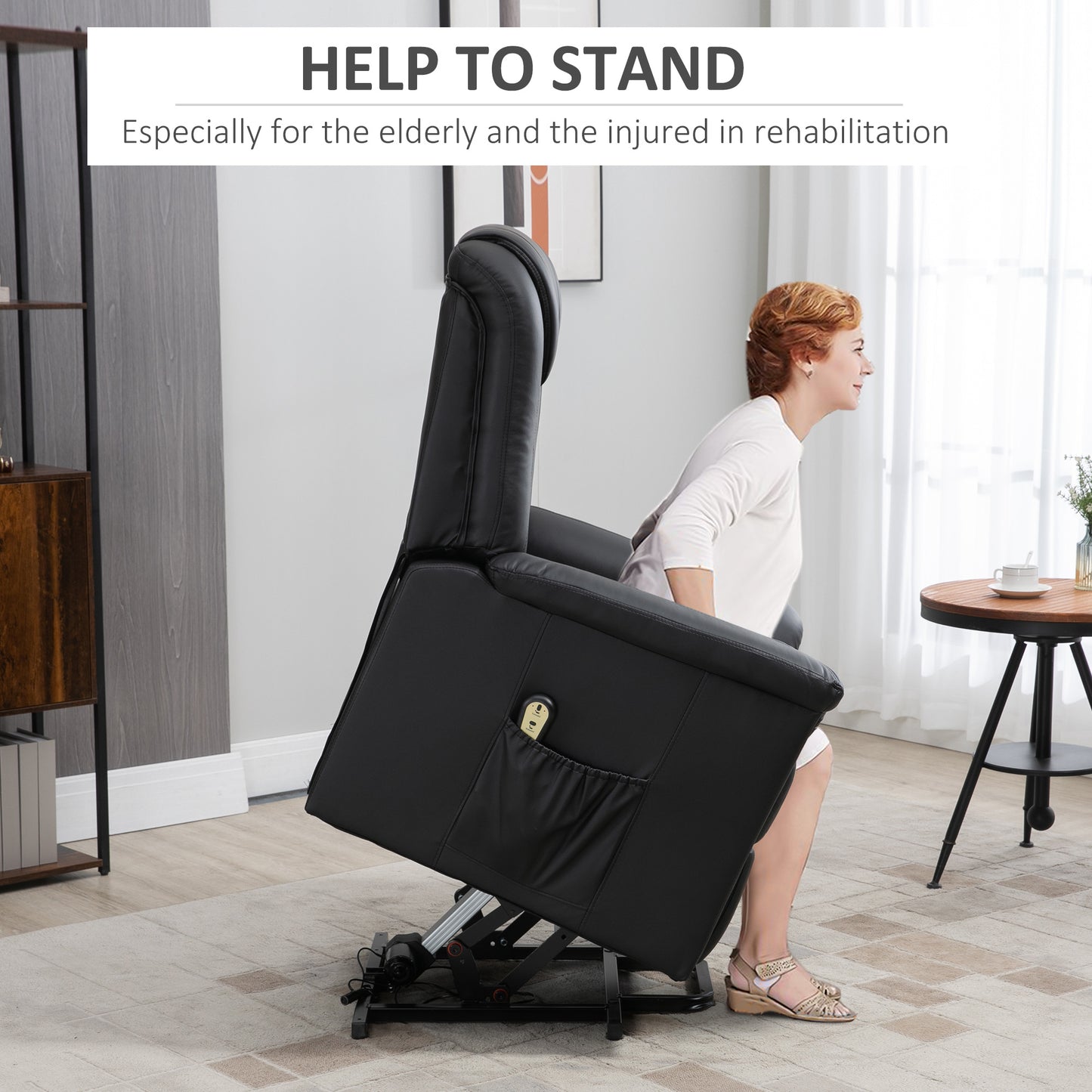 Fauteuil releveur électrique inclinable en cuir synthétique avec repose-pieds et télécommande, poches latérales, noir