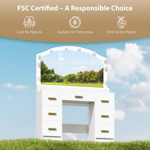 Coiffeuse avec miroir et 10 lumières LED, 3 couleurs réglables, 7 tiroirs, 3 compartiments, blanche