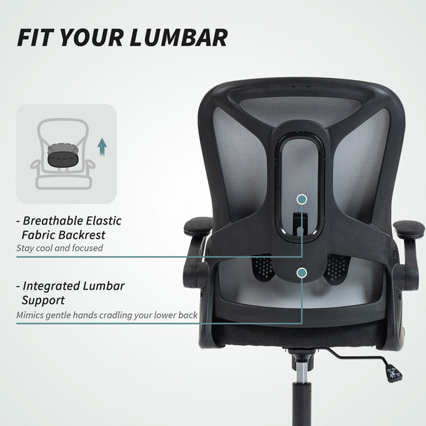 Ergonomic swivel office chair with adjustable lumbar support and height, flip-up armrests, casters, black