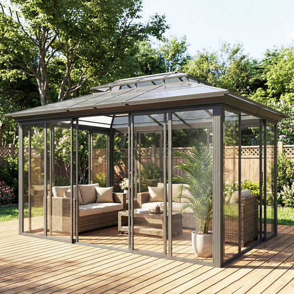 Gazebo d'extérieur 10' x 14'  à toit rigide, véranda en aluminium avec portes coulissantes, double toit, gris foncé