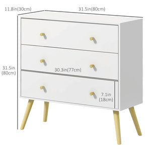 Commode blanche avec 3 tiroirs, commode moderne avec pieds et poignées en bois massif, blanc