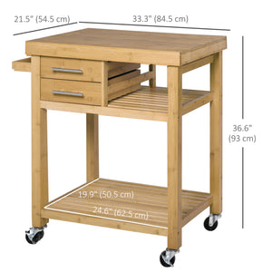 Rolling bamboo kitchen trolley with drawers and shelves
