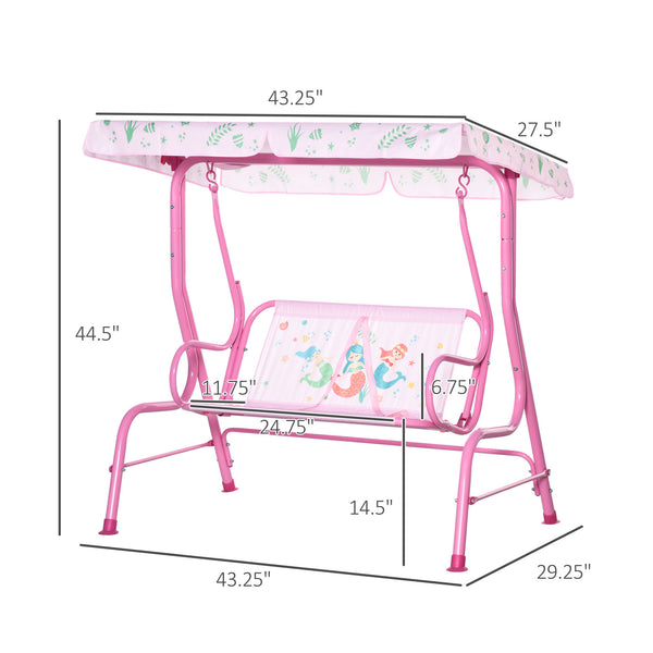 2-Seat Kids Porch Swing Chair, Children Outdoor Patio Furniture Lounge Chair for Garden, with Adjustable Canopy, Seat Belt, Mermaid Pattern, for 3-6 Years Old, Pink