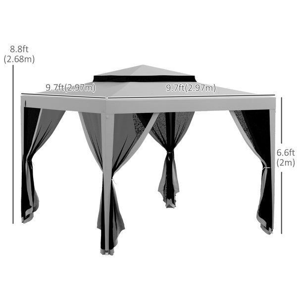 Tente de réception 10 x 10 avec moustiquaire et toit à double niveau, gris clair