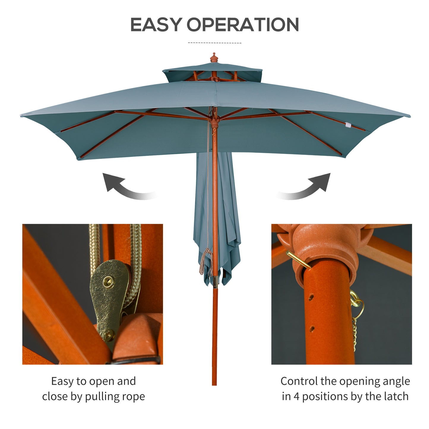 Outsunny 10x10ft Garden Market Parasol Wood Square Patio Umbrella Sunshade Canopy with 2 Pulley Pagoda Style Dark Gray |