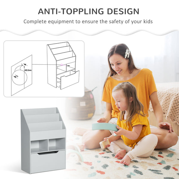 Bibliothèque avec étagères multiples et tiroir de rangement, grise