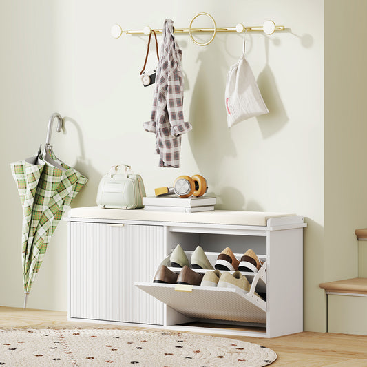 HOMCOM Hallway Bench with Upholstered Seat and Drop-Down Drawers, Load Capacity up to 240 kg, Storage for 10 Pairs of Shoes, White