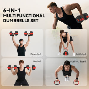 Ensemble d’haltères ajustables 6 en 1 de 66 lb avec barre, kettlebell et supports à pompes