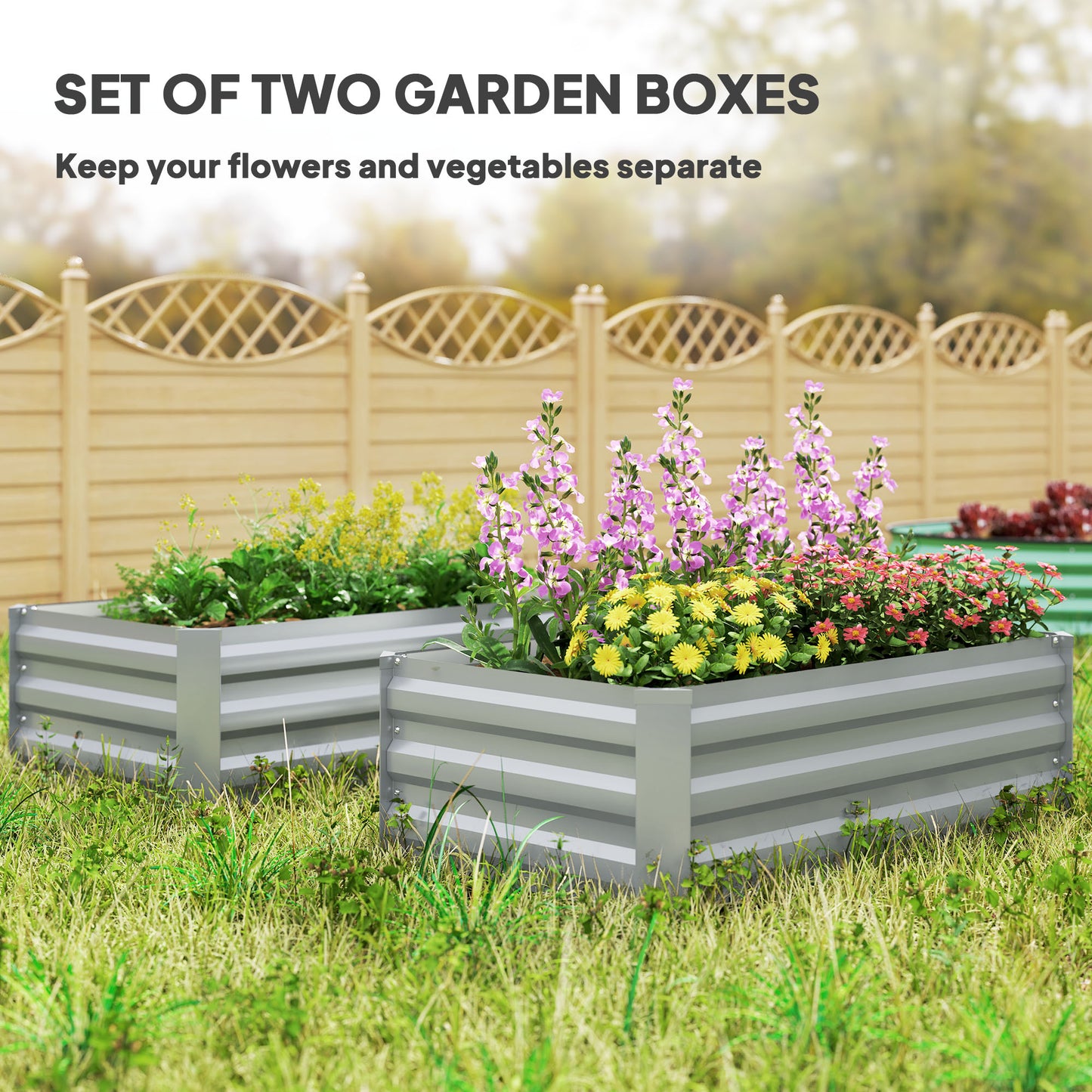 Outsunny Set of 2 Galvanized Raised Beds for Garden, Outdoor Planter Box for Flowers, Herbs and Vegetables, Light Gray |