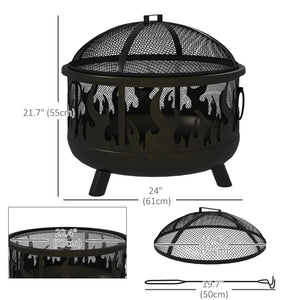 Foyer d'extérieur en métal rond de 61 cm avec couvercle et poignées de barbecue pour jardin, camping, barbecue, feu de joie, noir