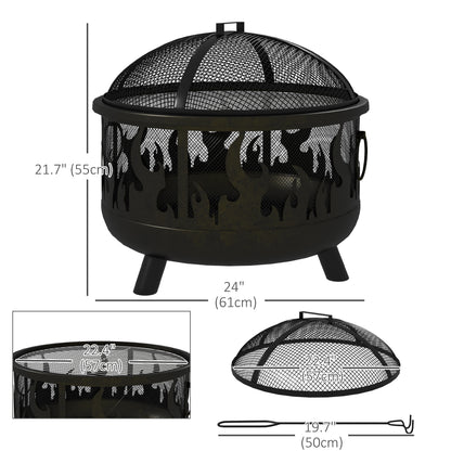 Foyer d'extérieur en métal rond de 61 cm avec couvercle et poignées de barbecue pour jardin, camping, barbecue, feu de joie, noir