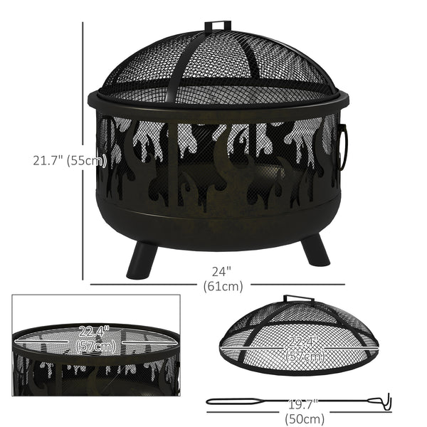 Foyer d'extérieur en métal rond de 61 cm avec couvercle et poignées de barbecue pour jardin, camping, barbecue, feu de joie, noir