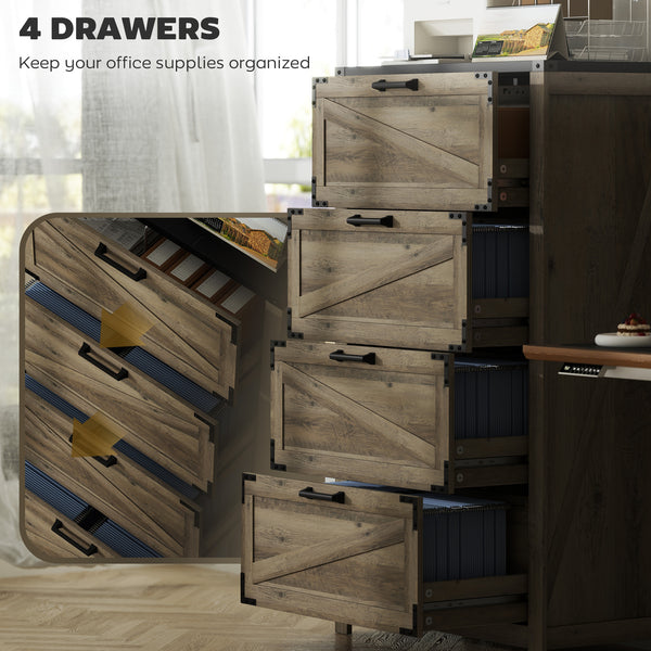 Classeur 4 tiroirs de style campagnard avec barres de suspension réglables pour format lettre, A4, légal, gris