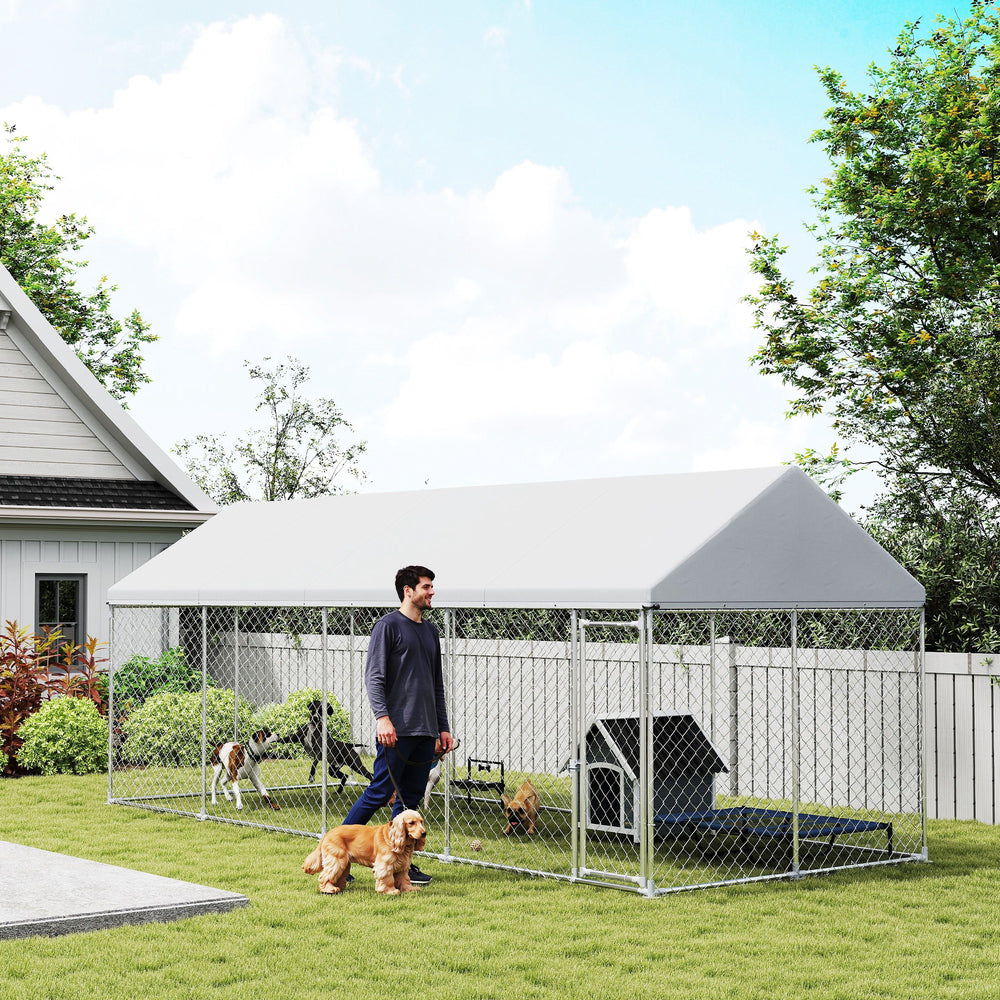 Heavy-Duty Outdoor Dog Kennel with Waterproof Cover, Safety Latch, Wire Mesh Pen, 6m x 2.3m x 2.4m