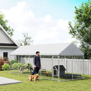 Heavy-Duty Outdoor Dog Kennel with Waterproof Cover, Safety Latch, Wire Mesh Pen, 6m x 2.3m x 2.4m