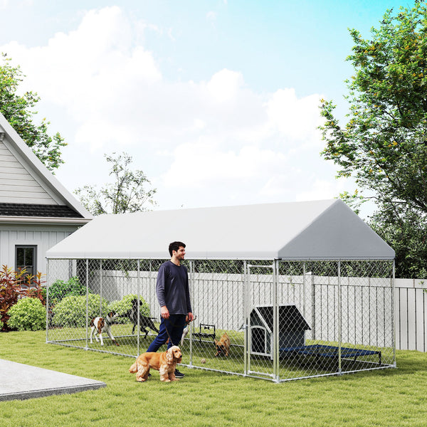 Heavy-Duty Outdoor Dog Kennel with Waterproof Cover, Safety Latch, Wire Mesh Pen, 6m x 2.3m x 2.4m