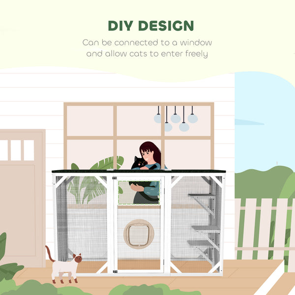 Enclos pour chat avec toit étanche, plateformes à plusieurs niveaux, verrou, blanc