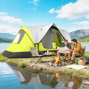Tente de camping pour 6 à 8 personnes avec double-toit imperméable 2000 mm et sac de transport, verte.