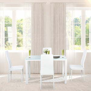 Rectangular 5-piece kitchen set with glass table and chairs, faux leather upholstery, white.