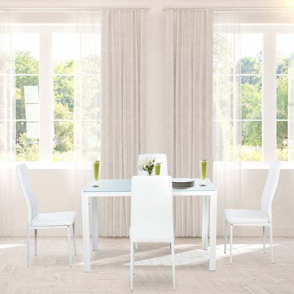 Rectangular 5-piece kitchen set with glass table and chairs, faux leather upholstery, white.