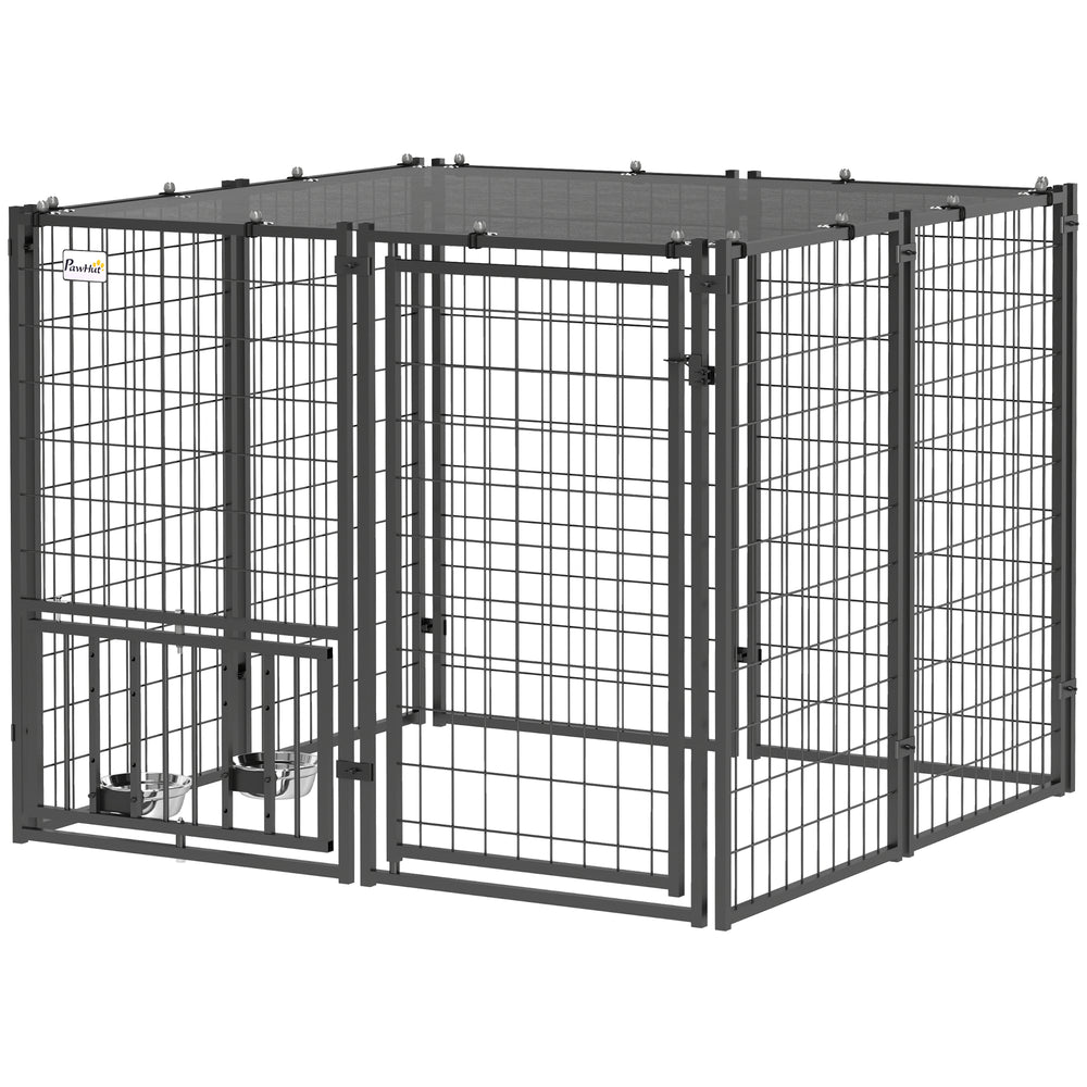 PawHut Outdoor Dog Run with Adjustable &amp; Rotatable Dog Bowls, Sun-Shade Cover, for Small and Medium Dogs, 4.6' x 4.6' x 3.7' |