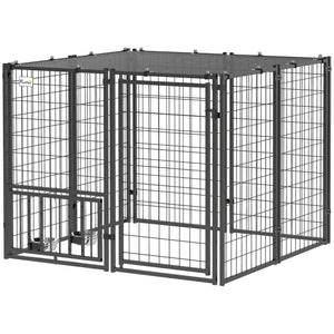 Enclos avec gamelles réglables et protection solaire