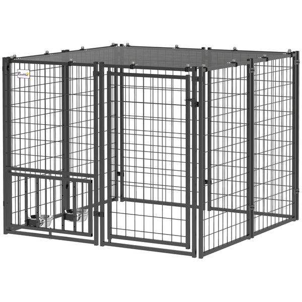 Enclos avec gamelles réglables et protection solaire